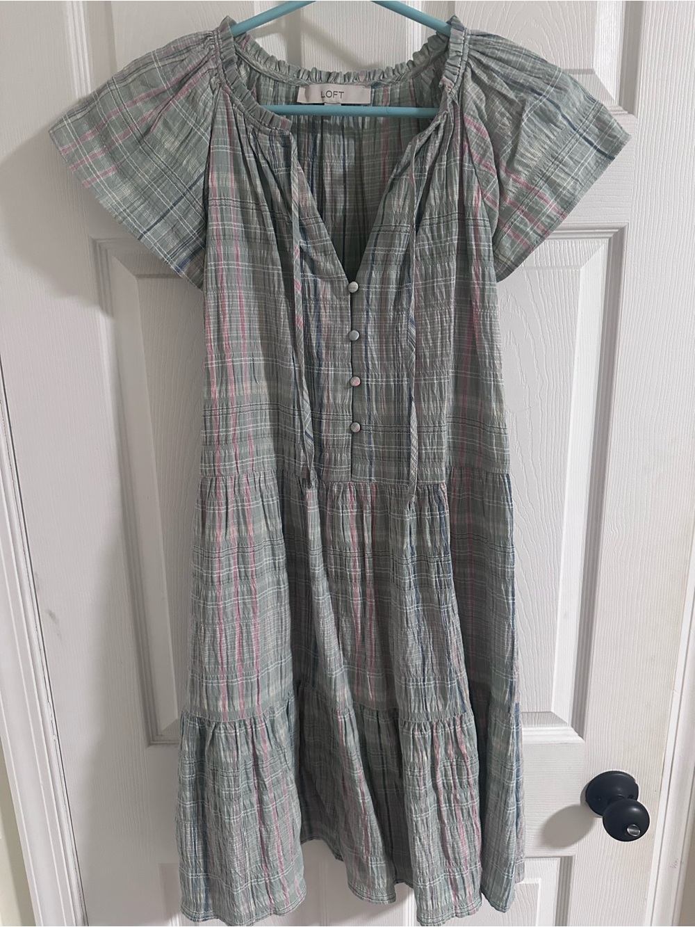 LOFT Sage Green Plaid Tiered Dress with Pink Stripes